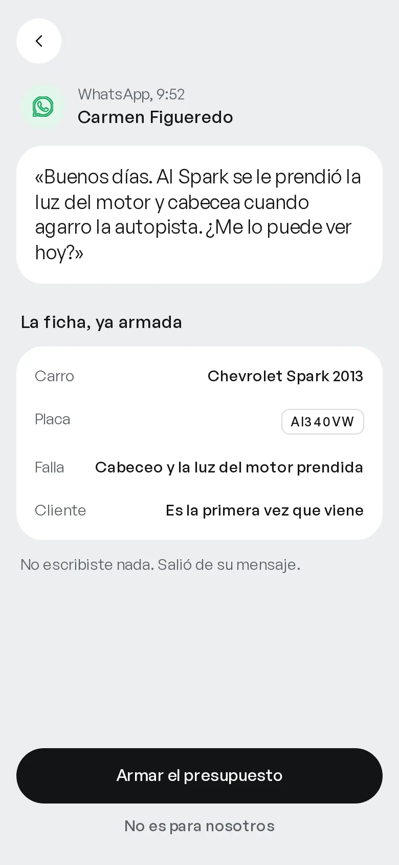 La ficha del carro armada desde el mensaje